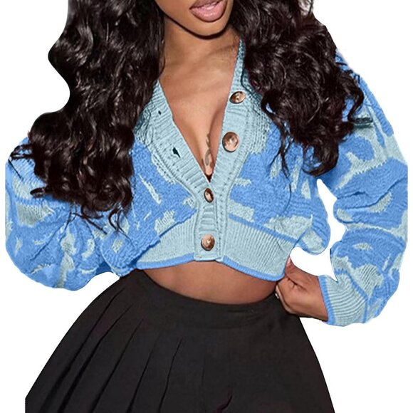 Sweaters - Women's Fashion Button Down Cardigan Sweaters Fall Slim Crop Knit Typed-Blue